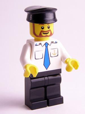 LEGO Minifigure-Boat Captain with Blue Tie and Anchor on Pocket, Black Hat, Brown Beard Rounded-Town / City / Harbor-BOAT012-Creative Brick Builders